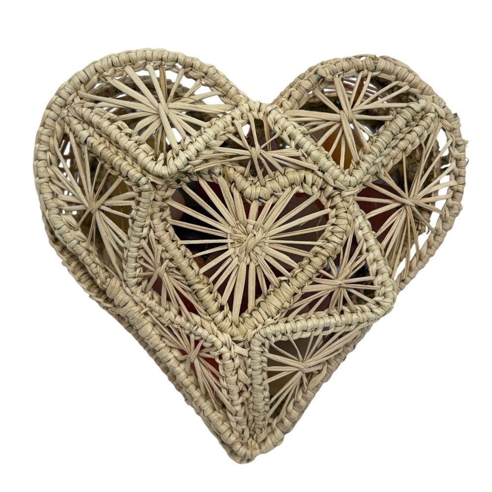 Vintage Heart Wicker Basket Trinket Box with Frosted Glass Hearts Scented Boho